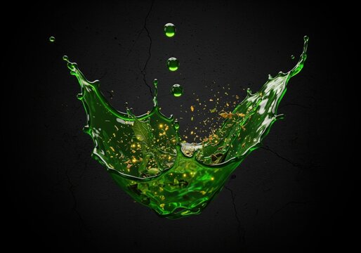 Vibrant emerald green tea splash with botanical leaves and dynamic liquid movement.