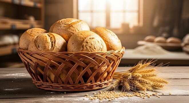 Basket of freshly baked bread rolls with wheat stalks