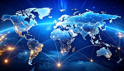 A glowing Earth view with city lights and connecting lines in blue