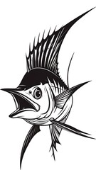 A detailed, stylized black-and-white depiction of a swordfish