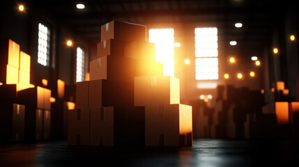 Stunning pallet stacking in warehouse with warm light illuminating boxes, creating captivating atmosphere