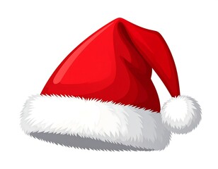 A festive head covering with red fabric and white fluffy trim