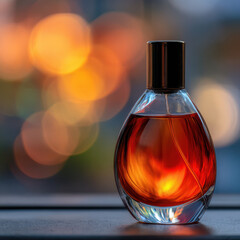 Minimalist perfume bottle close up with warm glow, showcasing elegance and beauty in soft bokeh background