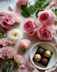 Beautiful flat lay featuring soft pink roses and assorted chocolates, creating romantic and elegant atmosphere