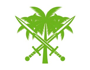 A green illustration featuring crossed swords and a palm tree
