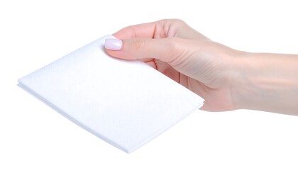 A hand holding a folded white square item, isolated on a white background