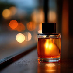 Minimalist perfume bottle close up with warm glow, showcasing elegance and simplicity. soft light creates soothing atmosphere