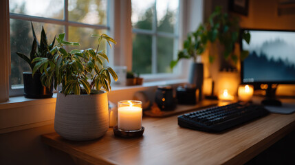 Serene workspace featuring neutral tones, candles, and plants creates calming atmosphere for productivity and relaxation