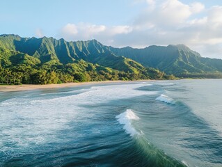 Tropical beach aerial view for sunlit waves.