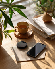 Serene minimalist flat lay featuring smartphone, wireless charger, and cup of tea surrounded by greenery, creating calming atmosphere