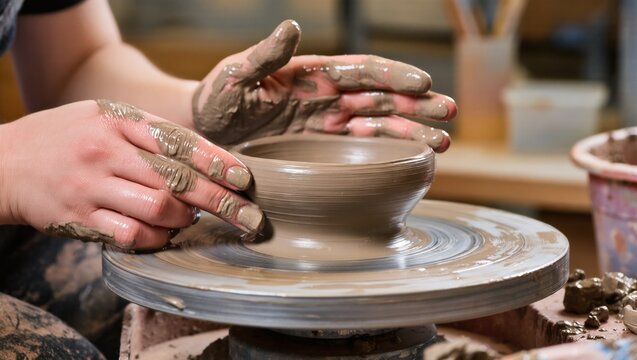 Potter's hands forming the rim of a bowl from wet clay on a spinning wheel. Handmade ceramics creation in a studio.
