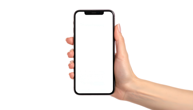 Hand holding a modern smartphone with a blank screen against a black background