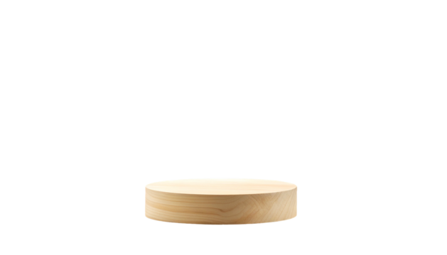 A circular wooden pedestal stands in a black void, suitable for product display