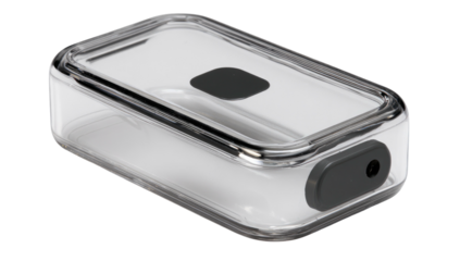 Rectangular, transparent container with gray accents, isolated on black background; looks like electronic box