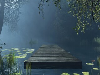 Misty Lake Dock for Tranquil Forest Scene.
