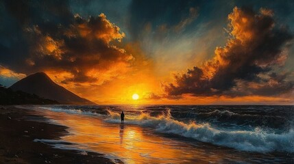 A solitary figure stands on a beach at sunset with vivid orange sky, dramatic clouds, crashing waves, and a mountain silhouette in the background