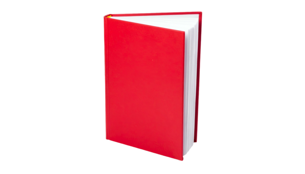 A hardcover book, red cover and white pages, isolated against a stark black backdrop