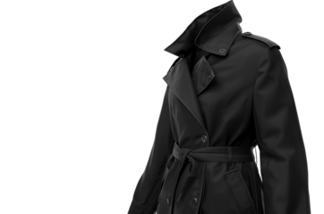 Classic black trench coat with belt on black background