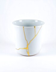 A simple white cup, broken then mended with golden seams