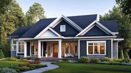Covered porch and front entrance of modern suburban family home