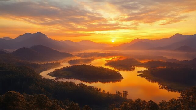 A golden sunrise over a winding river surrounded by lush forested hills and distant mountains with a glowing sky filled with soft clouds