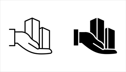 Real estate business icon set. Hand holds architectural structures. Building ownership on white background