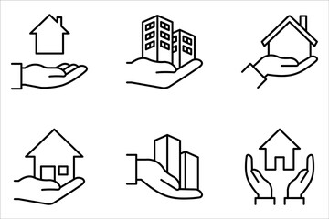 Real estate business icon set. Hand holds architectural structures. Building ownership on white background