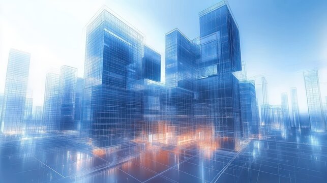 Futuristic digital cityscape with transparent skyscrapers and glowing orange highlights against a bright blue background conveying innovation and technology