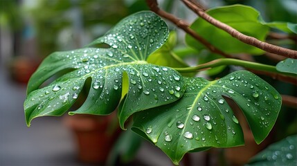 Close Up Macro Shot of Vibrant Green Tropical Leaves Covered in Sparkling Morning Dew Drops with Soft Natural Lighting in a Botanical Garden Setting
