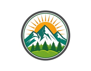 A mountain landscape logo within a circular frame, sun in the back