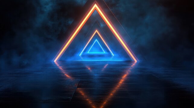 Glowing neon triangular frames in orange and blue colors reflected on a wet dark floor surrounded by mist and fog creating a futuristic and mysterious atmosphere