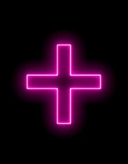 Obraz premium A glowing neon pink plus sign against a solid black background