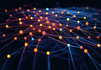 Abstract digital network of glowing orange and blue nodes connected by fine lines on dark background, representing complex interconnected system or data flow