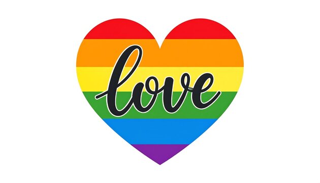 A colorful heart with rainbow stripes, "love" in stylish script