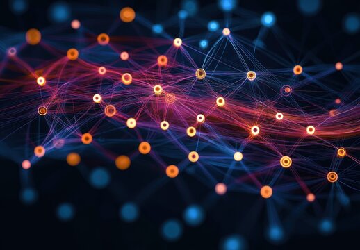 Abstract network of interconnected glowing nodes with vibrant orange and blue lines against a dark background illustrating data flow and connectivity