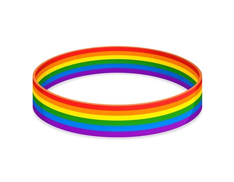 A colorful, looping, three-dimensional ring with rainbow-colored stripes