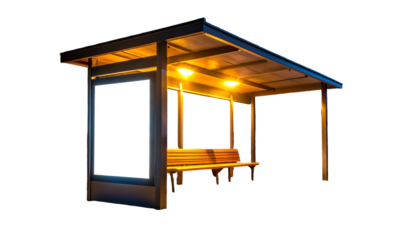Illuminated bus stop at night with a blank billboard, a bench, and warm ambient lighting