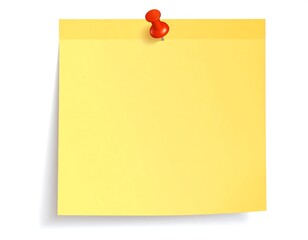 A blank, yellow square sticky note with a red pushpin