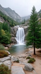 Fototapeta premium A Dramatic Powerful Waterfall Cascading Down Rocky Cliffs Surrounded by Lush Green Trees and Mossy Rocks Under a Cloudy Sky