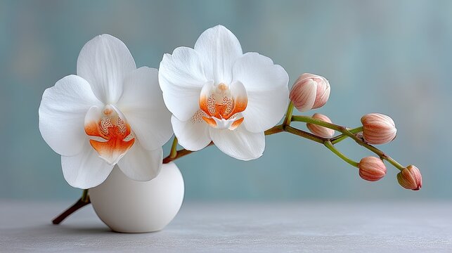 Macro Photo Of Two Delicate White Orchid Flowers With Orange Centers Adorned With Water Droplets In A Small White Vase Against A Soft Blue Textured Background
