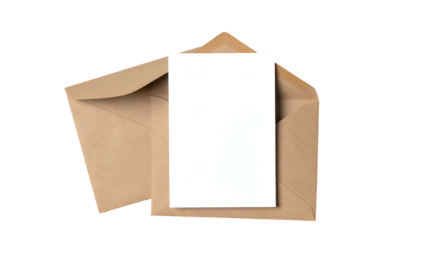 Flat lay of a brown open envelope holding a blank white rectangular card on black background