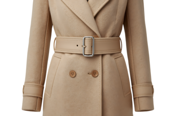 Elegant tan double breasted wool coat with belt detail