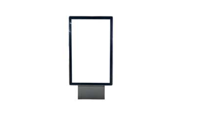 Isolated, illuminated, rectangular advertising panel with a blank white display against black