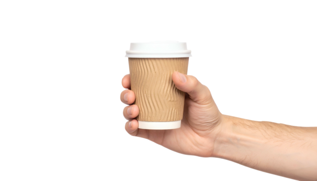 A hand holds a single-serving paper cup with a white lid against a black background