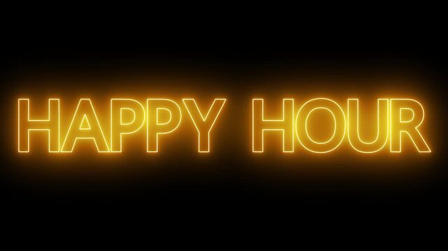 Animated glowing flickering neon inscription happy hour. Happy hour neon sign.