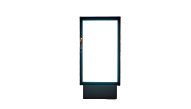 An illuminated rectangular display, glowing white against a stark black backdrop