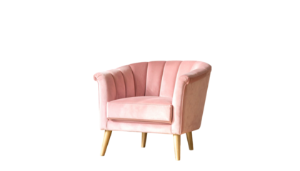 A plush, pink, art deco inspired armchair with wooden legs, isolated on black