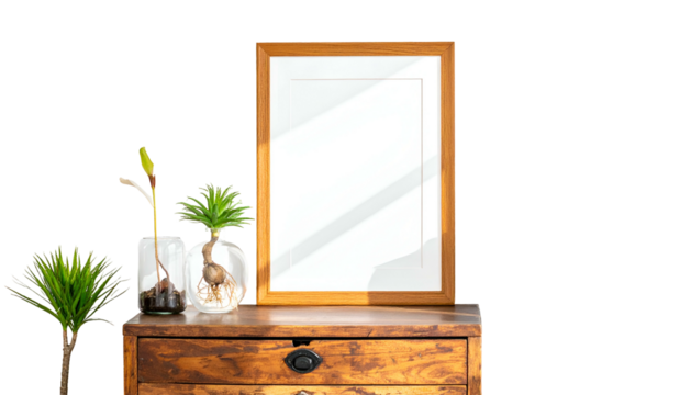 A wooden frame with white space sits atop a wooden dresser with small potted plants