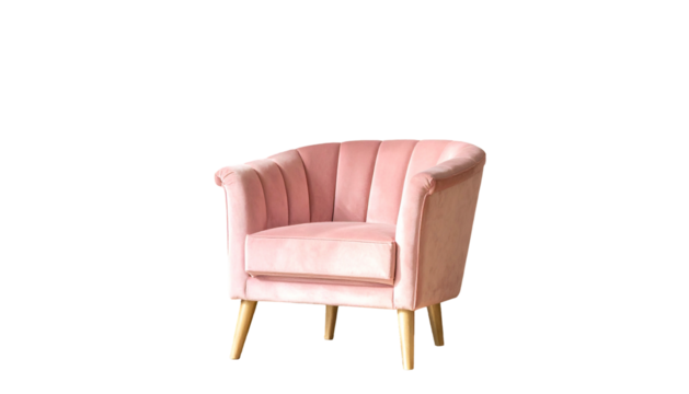 A plush, pink, art deco inspired armchair with wooden legs, isolated on black