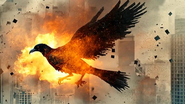 Powerful black bird engulfed in fiery flames embers soars above burning city with smoke destruction for power rebirth apocalyptic fantasy concept